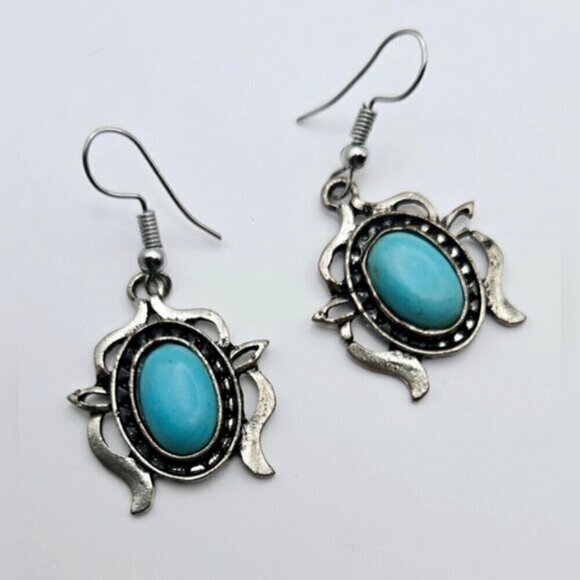 Boho Silver Filigree Faux Turquoise Statement Bib Necklace & Earring Set - Picture 7 of 10